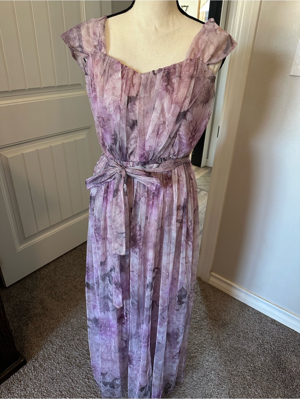 Lilac Floral Pleated Maxi Dress with Tie Belt